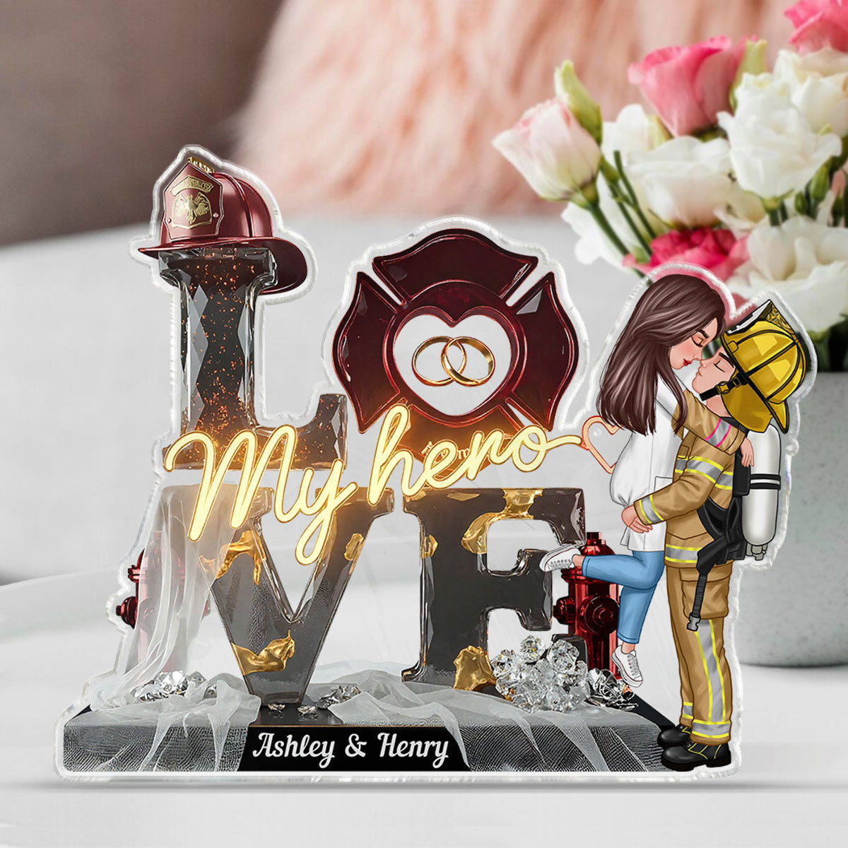 My Hero Firefighter Couple - Personalized Acrylic Block Plaque - Valentine's Day For Him, For Her