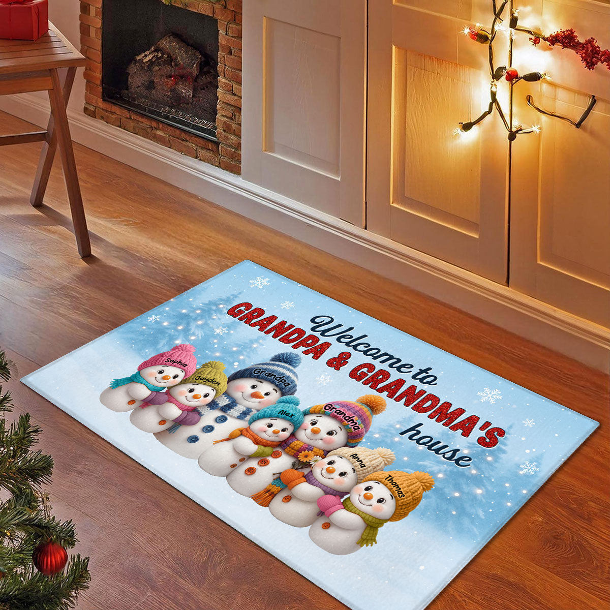 3D Effect Christmas Grandma Grandpa Grandkids Snowman Together - Personalized Doormat