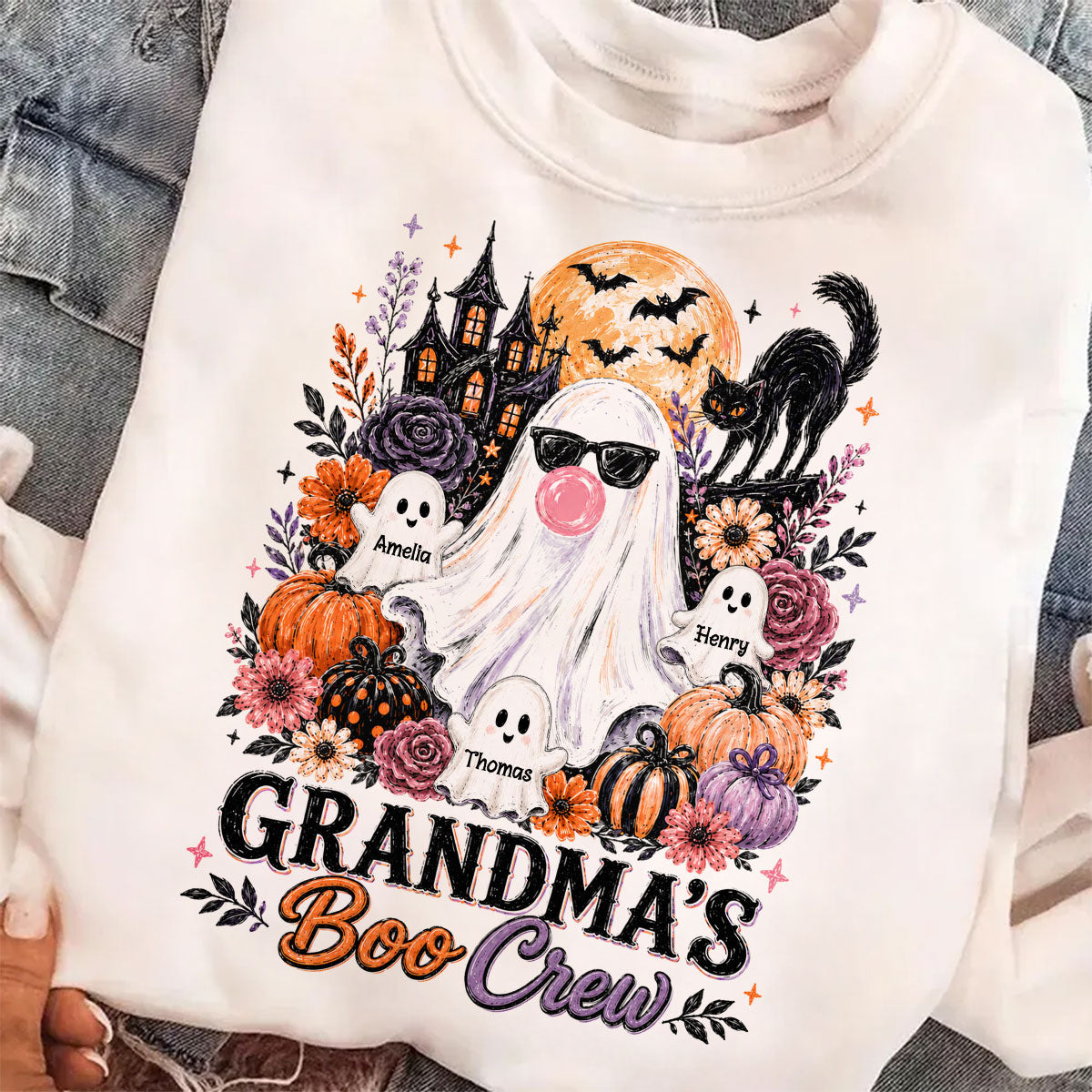 Grandma's Boo Crew Haunted House - Personalized Shirt - Trendy Halloween Tee for Grandma