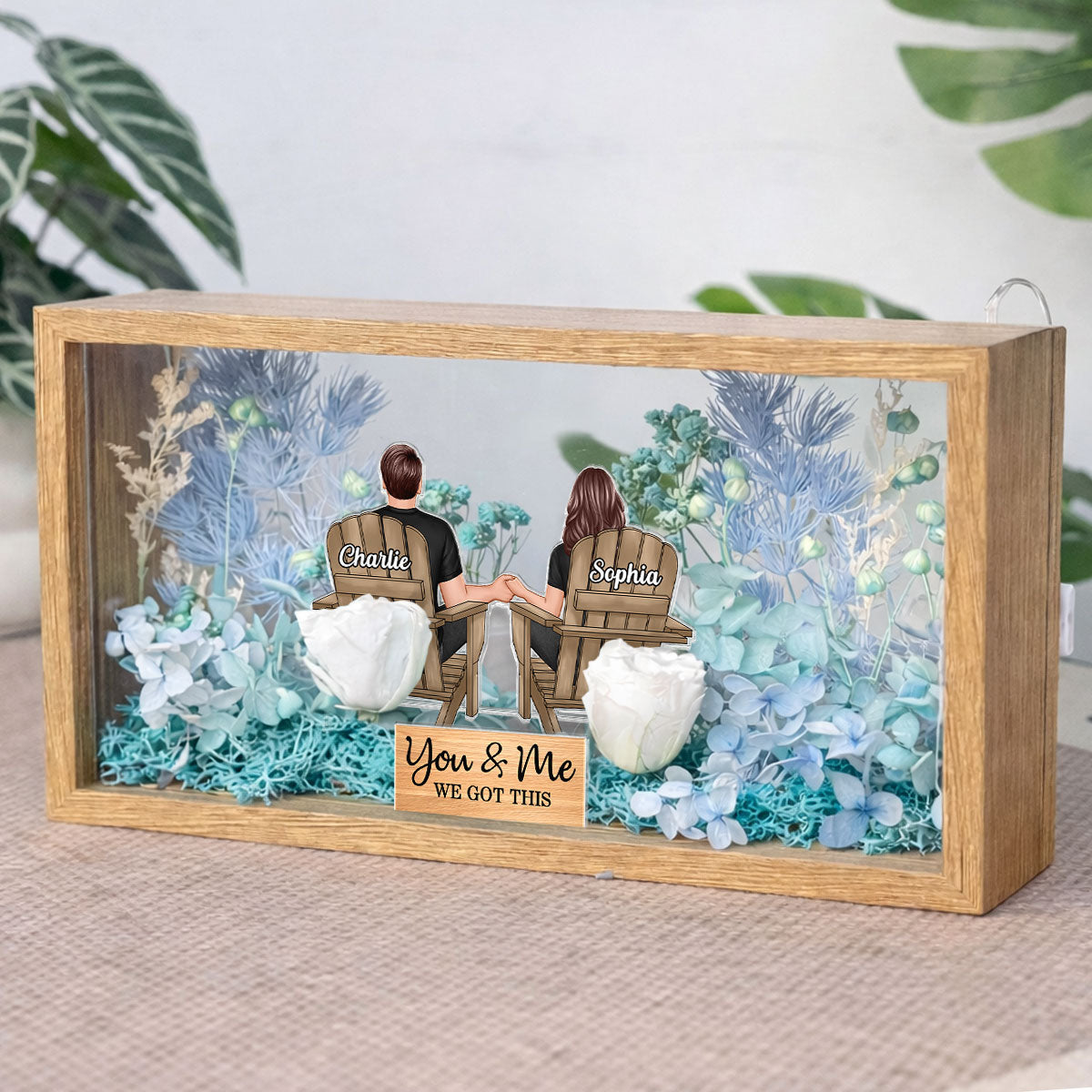 Eternal Love Back View Couple Sitting - Personalized DIY Flower Shadow Box LED Night Light - Gift For Couple, For Him, For Her