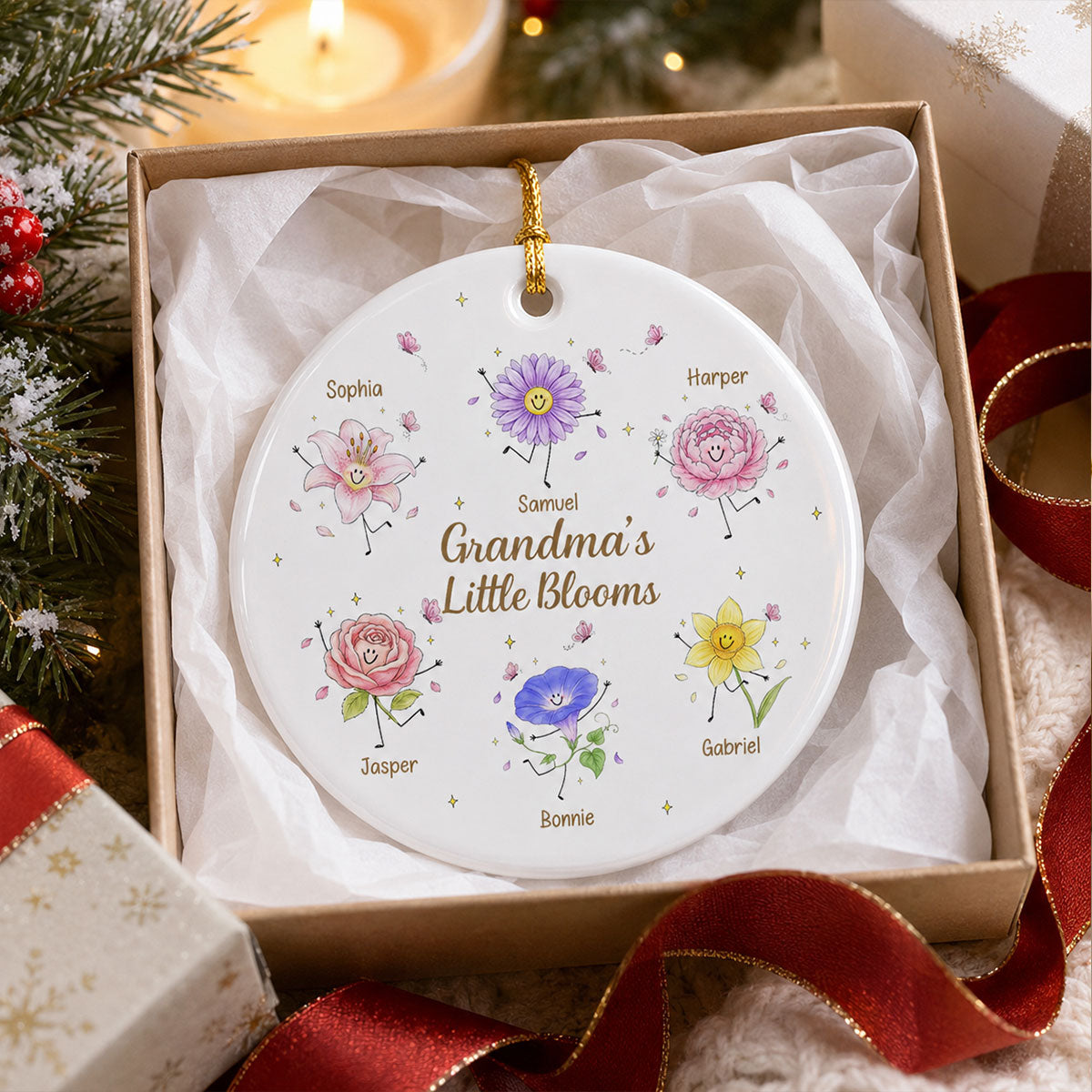 Grandma's Little Blooms Cute Doodle Birth Month Flowers - Personalized Ceramic Ornament - Home Decor Gift, Birthday Gift For Grandma