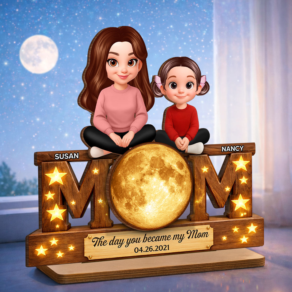 The Day You Became My Mom Custom Moon Phase - Personalized 2-Layered Wooden Plaque - Heartfelt Gift For Mom, Grandma