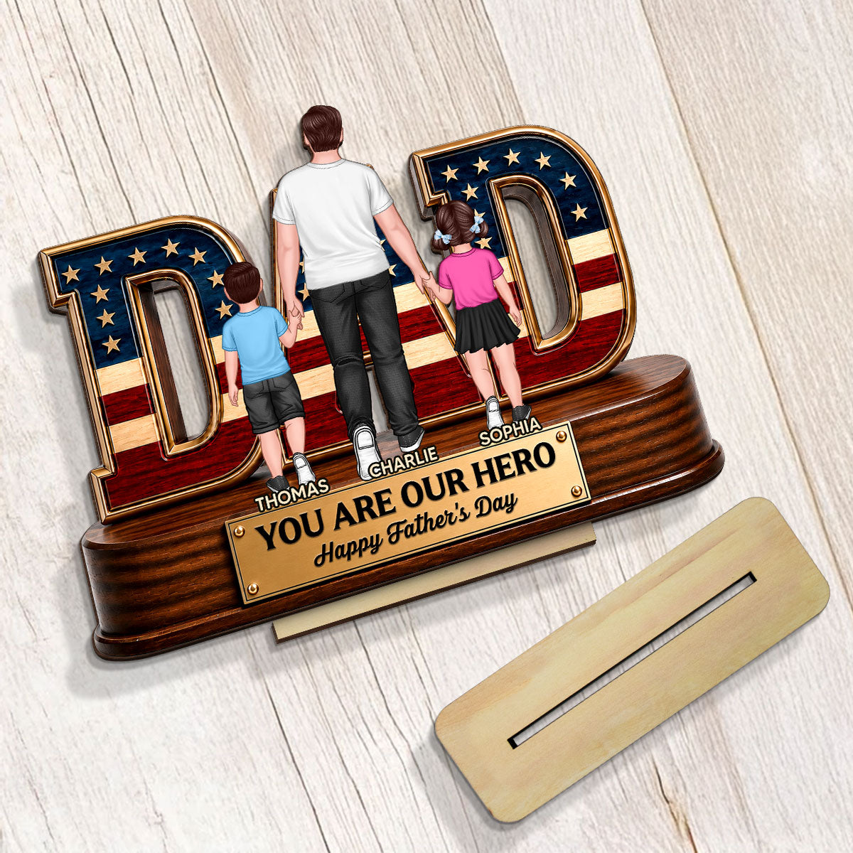 Nation Flag Dad And Kids You Are Our Hero - Personalized 2-Layered Wooden Plaque -  Gift For Dad, Husband