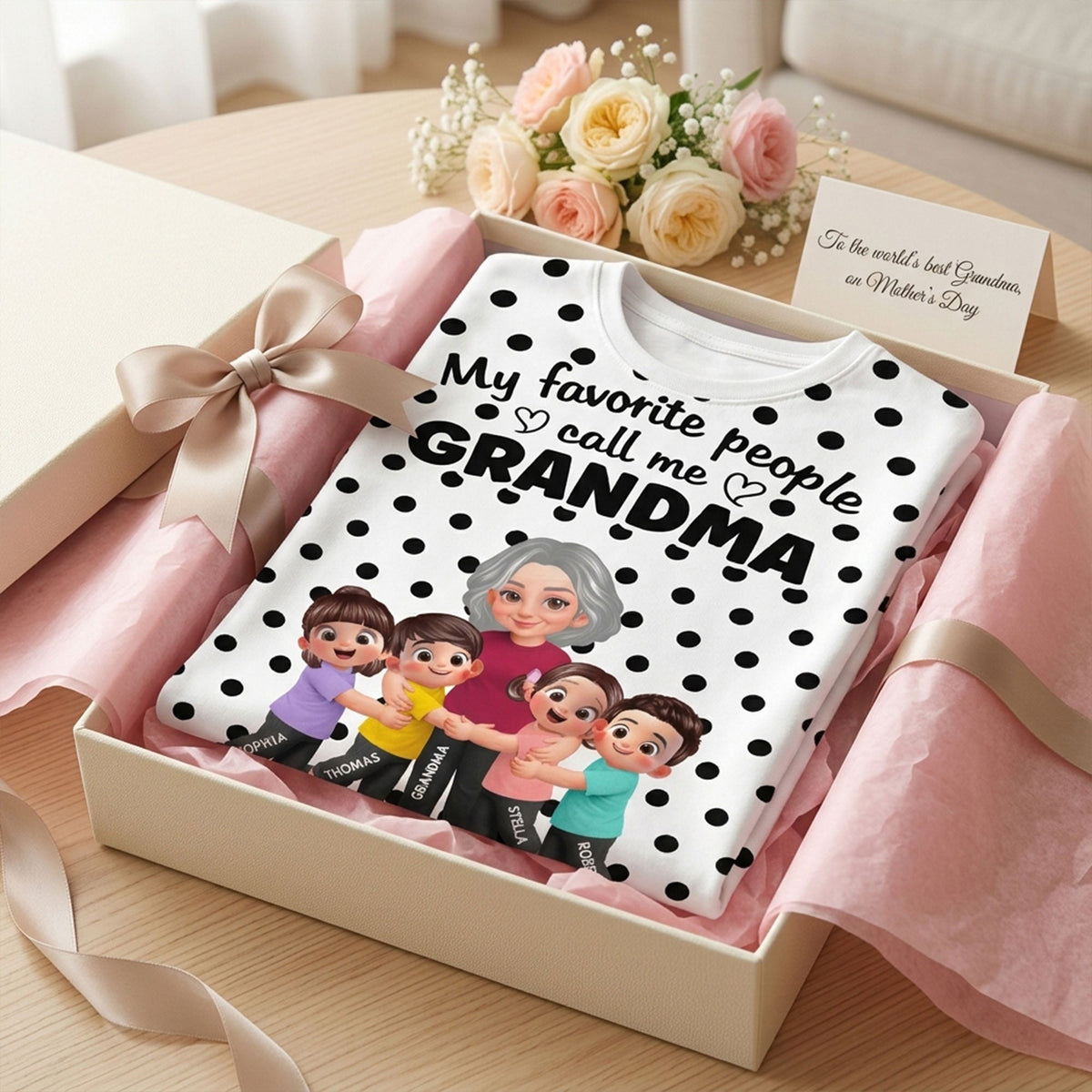 Grandma Grandkids Hugging Polka Dot Pattern - Personalized Shirt - Gift For Grandma, Mom