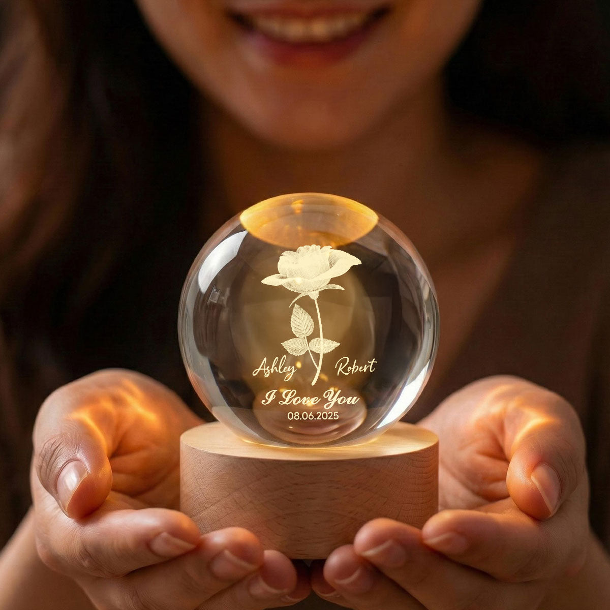 Eternal Love Rose I Love You - Personalized Crystal Ball LED Night Light - Valentine's Day Gift For Couple, For Her, For Him
