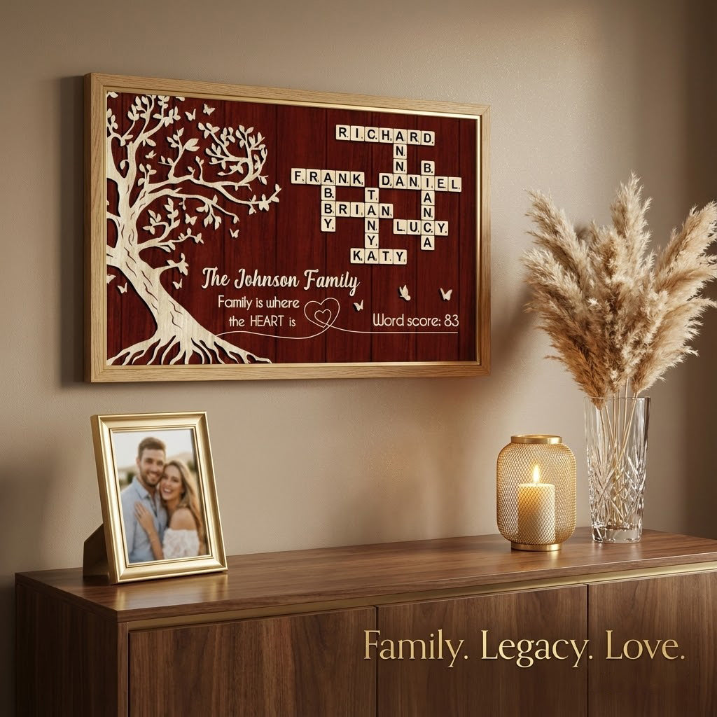 Family is Where the Heart is, Crossword Tree of Life - Personalized Poster - Sentimental Gift for Loved Ones