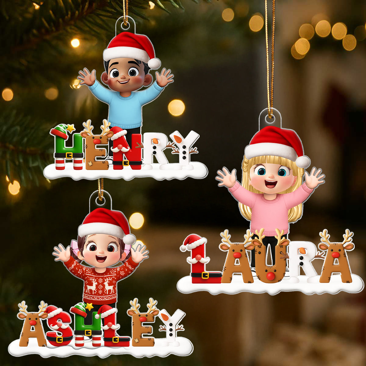Happy Kid Christmas Iconic Name - Personalized Acrylic Ornament - Christmas Gift for Kid, Grandkids
