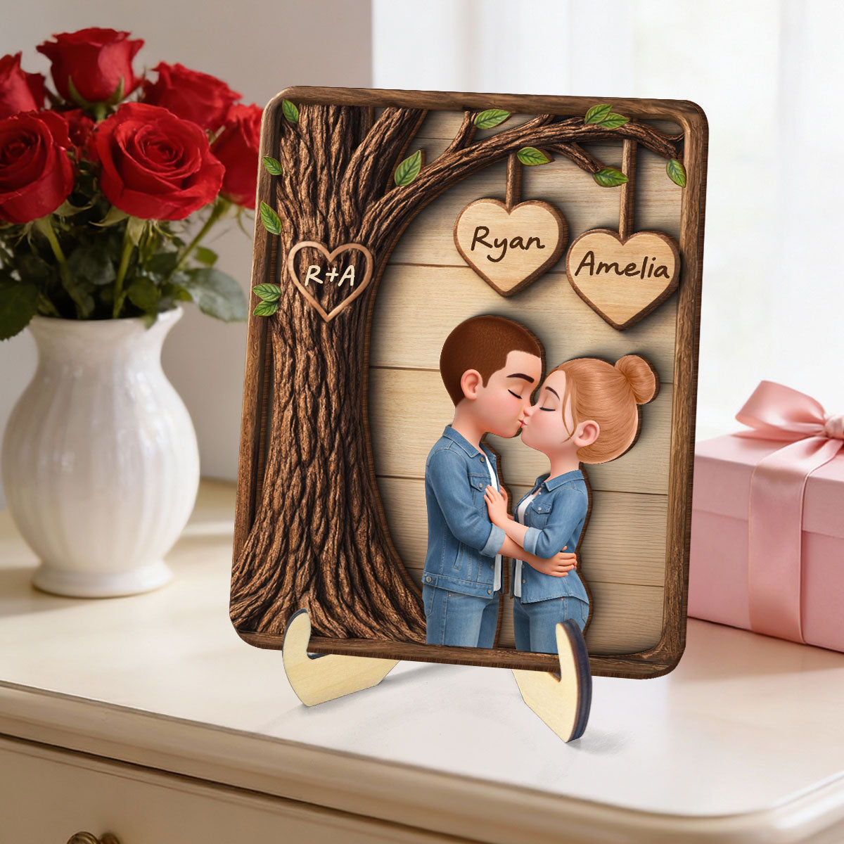 Couple Kissing Under Tree - Personalized 2-Layered Wooden Plaque - Sentimental Valentine's Day Gift for Her, for Him