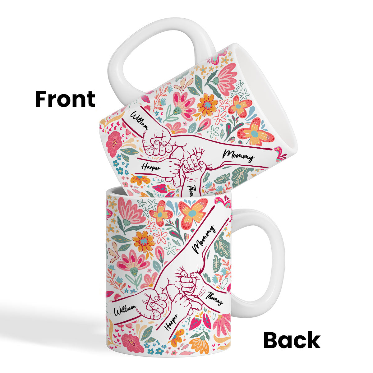 Kids Holding Hand Outline Floral Boho - Personalized Mug - Mother's Day Gift For Mom Grandma