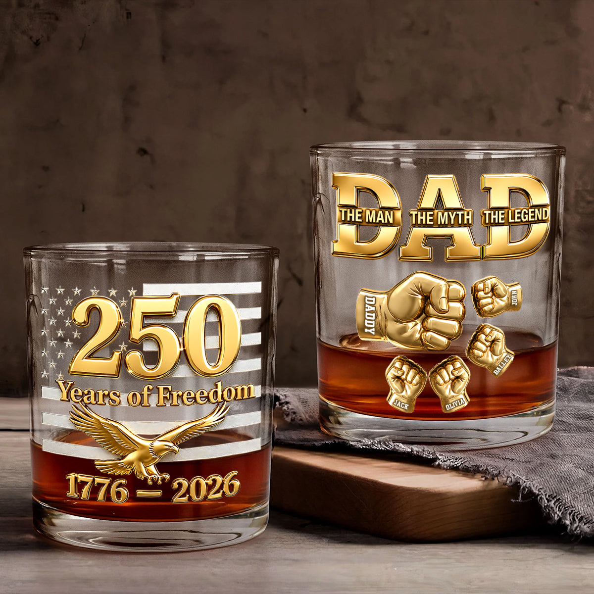 USA 250th Anniversary Daddy's Team Fist Bump - Personalized Whiskey Glass - Father's Day Gift for Dad, Husband