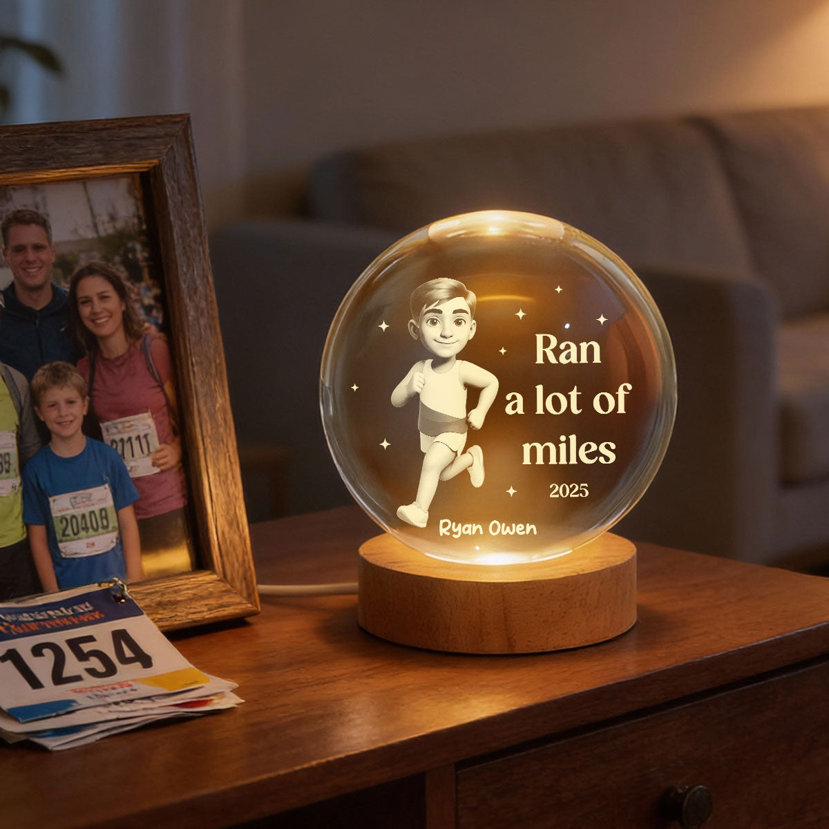 Ran A Lot Of Miles Running Boy Girl - Personalized Crystal Ball LED Night Light - Gift for Marathon Runner, Track Senior Night Gift
