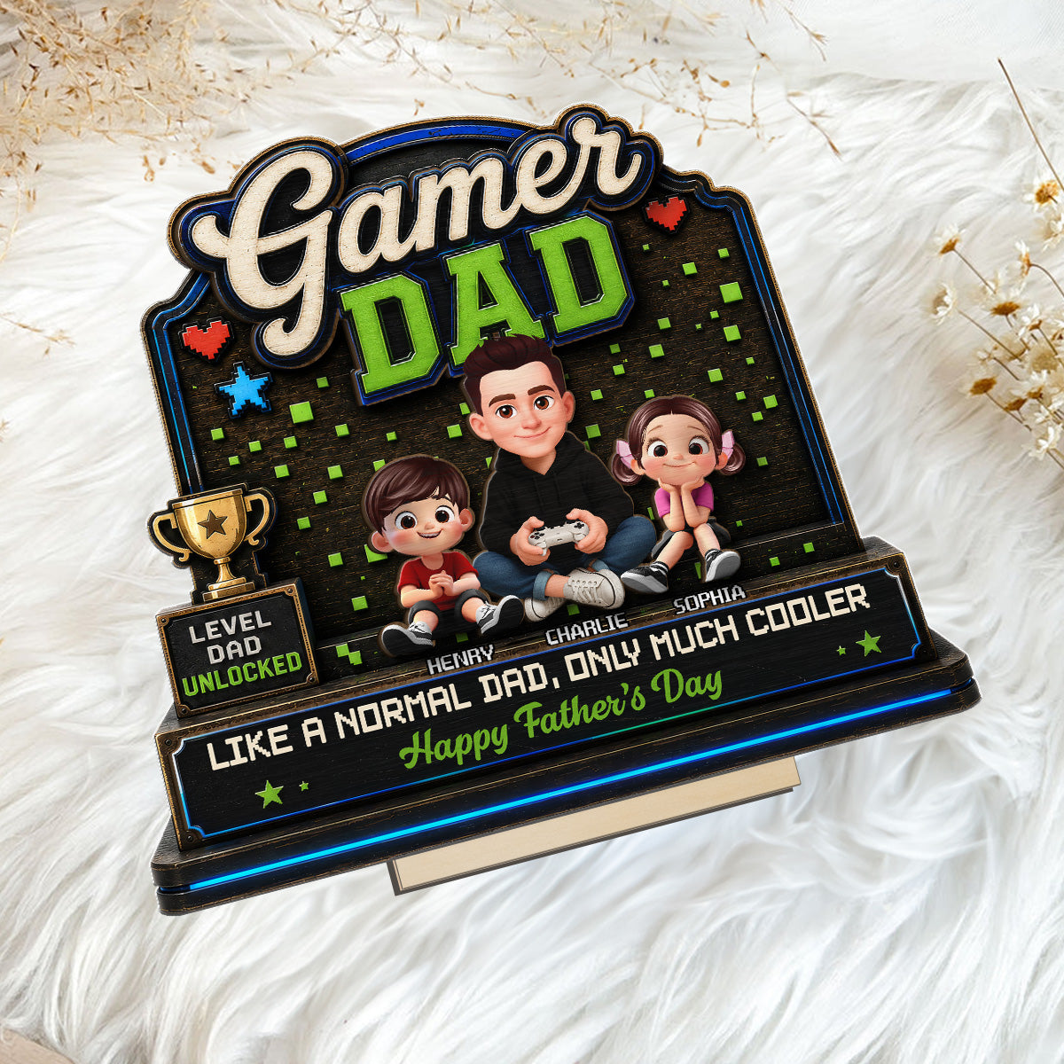 Gamer Dad & Kids - Personalized 2-Layered Wooden Plaque -  Gift For Gamer Dad