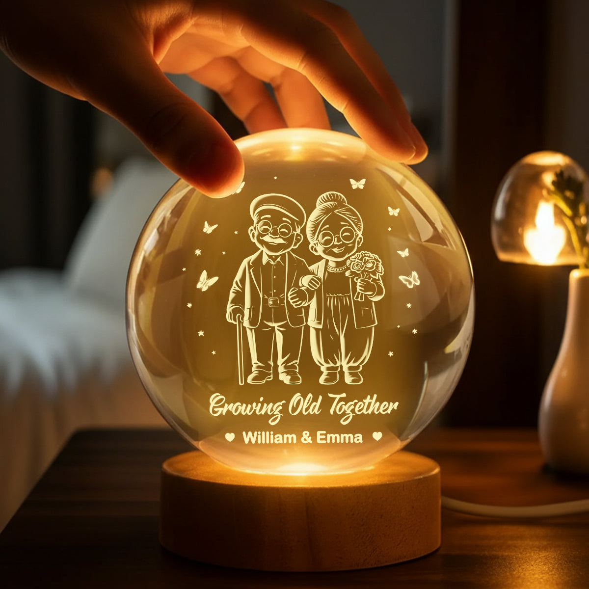Couple Growing Old Together - Personalized Crystal Ball LED Night Light - Heartfelt Valentine's Day Gift for Her, for Him