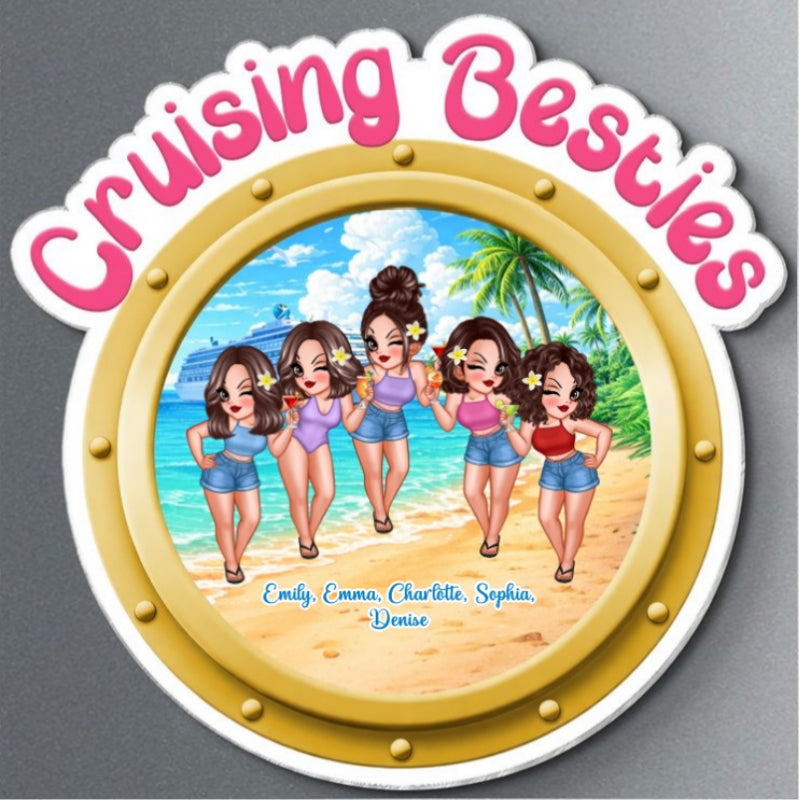 Cruise Besties Pretty Women On Beach Porthole - Personalized Cruise Ship Door Magnet - Girls Cruise Trip Keepsake
