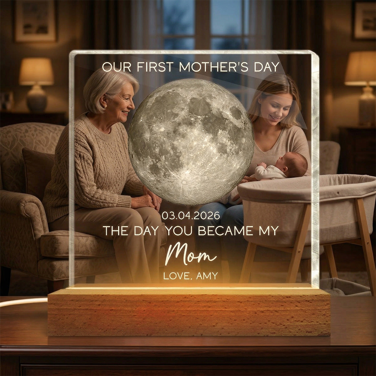 The Day You Became My Mom Custom Moon Phase First Mother's Day - Personalized Acrylic Block Plaque LED Night Light - First Mother's Day Gift For New Mom