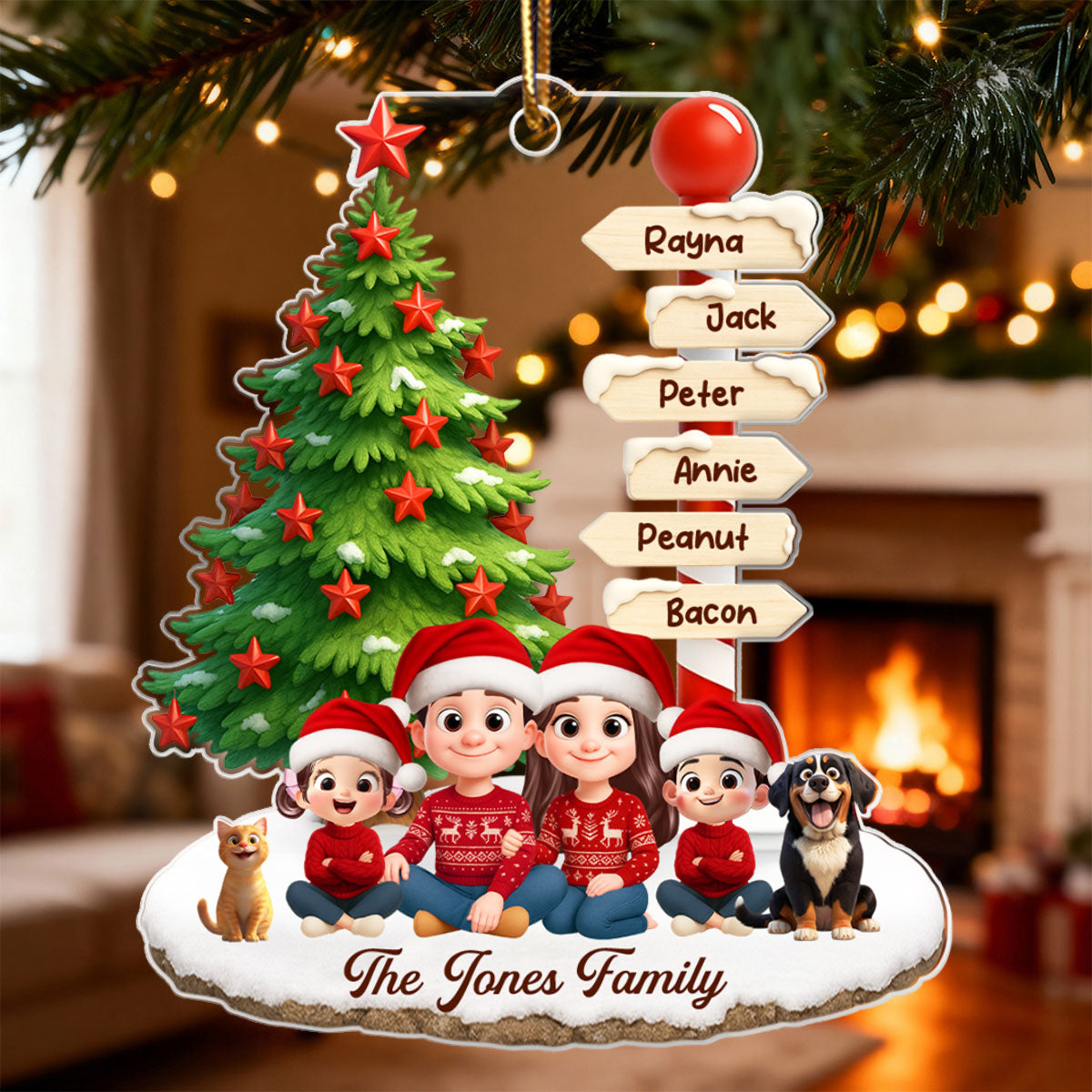 Family Sitting Together Custom Name Sign Post - Personalized Acrylic Ornament - Christmas Gift for Family
