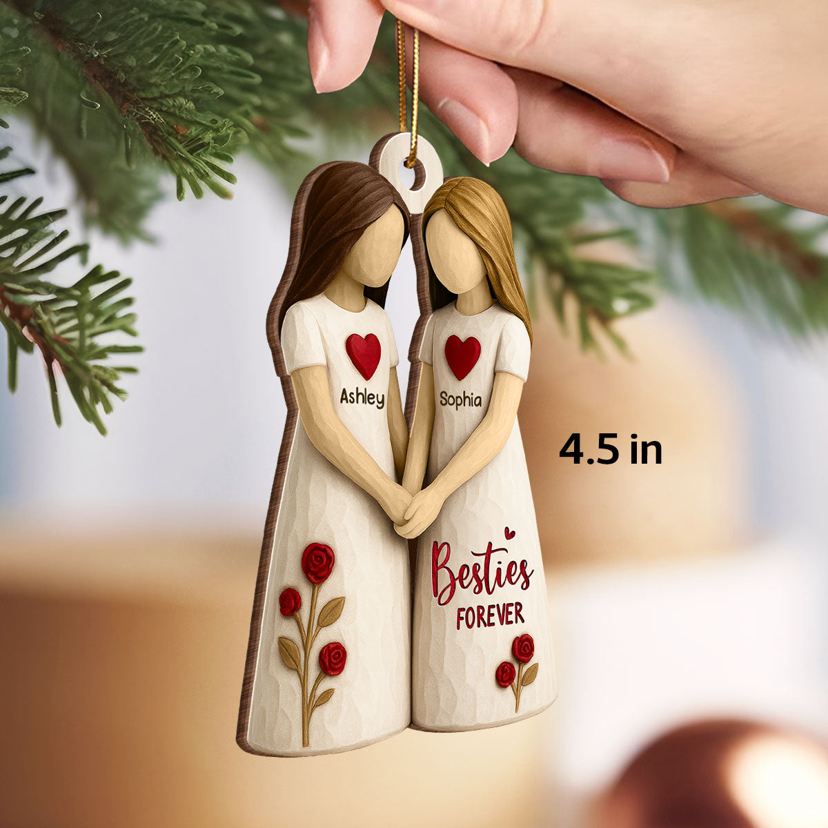 3D Effect Roses Besties Forever Together - Personalized Wooden Ornament - Christmas Gift For Best Friends
