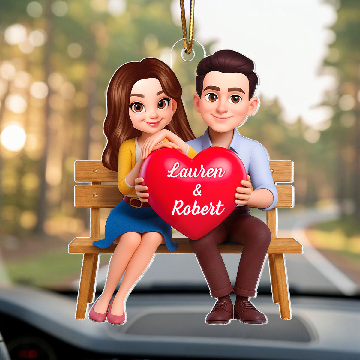 3D Couple with Red Heart - Personalized Car Hanger - Gift for Her, for Him