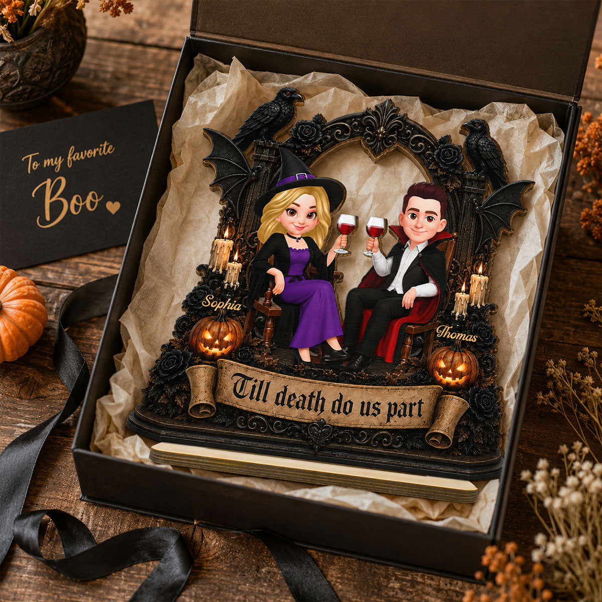 Till Death Do Us Part Halloween Couple Sitting 2D Flat - Personalized 2-Layered Wooden Plaque - Halloween Decor For Couple