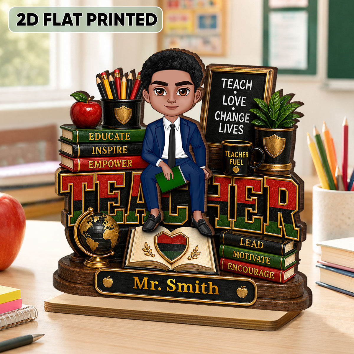 Teach Love Changes Life - Personalized 2-Layered Wooden Plaque - African American Male Teacher Appreciation Gift