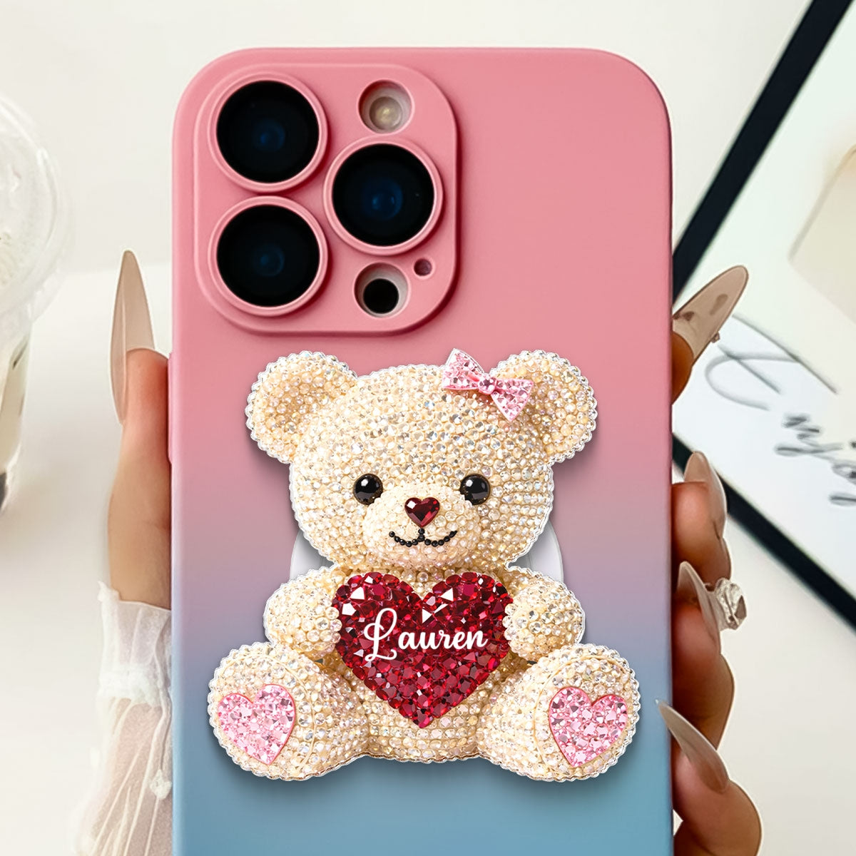 3D Effect Teddy Bear Valentine - Personalized Acrylic Magnetic Phone Grip - Anniversary, Valentine's Day Gift, Gift For Her