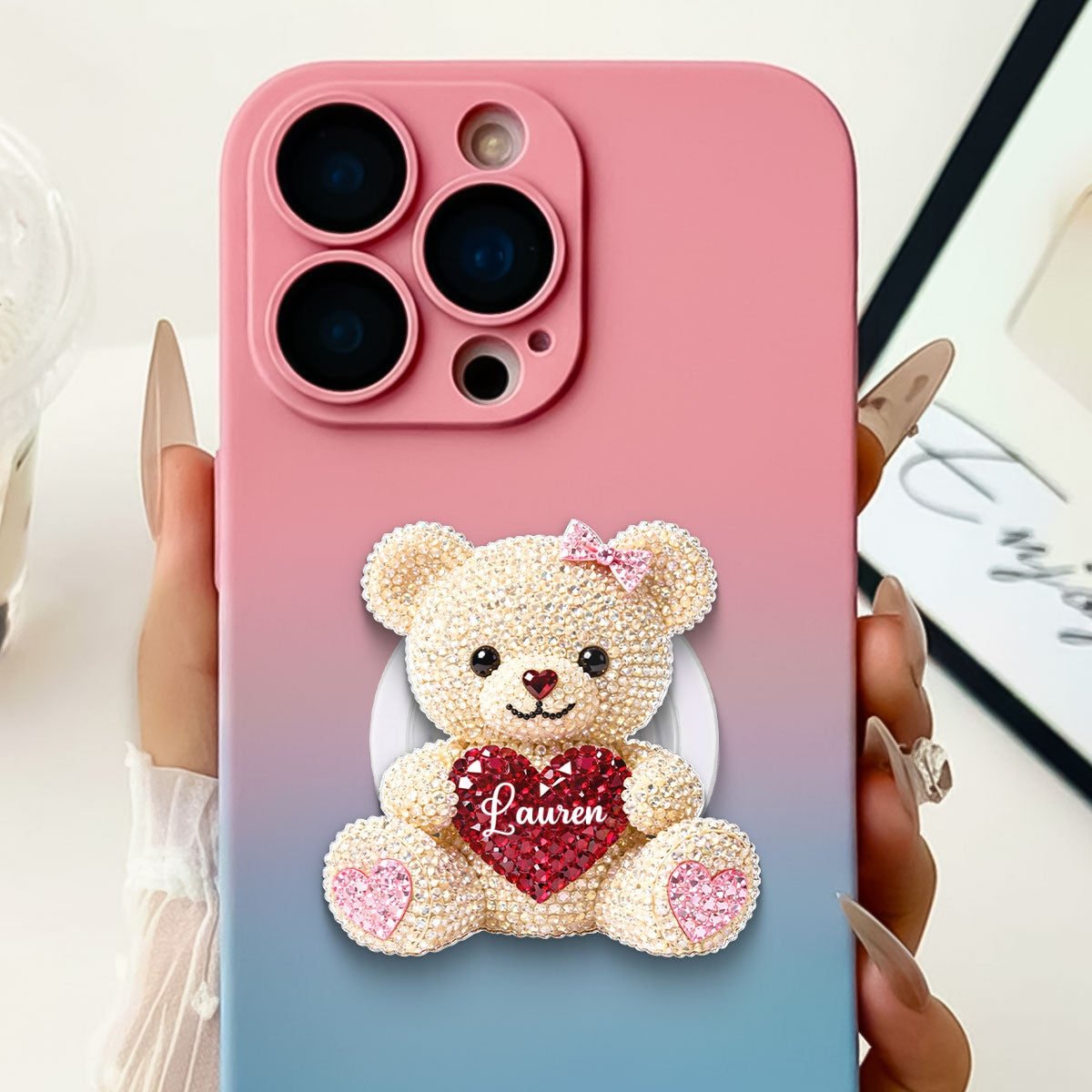 3D Effect Teddy Bear Valentine - Personalized Acrylic Magnetic Phone Grip - Anniversary, Valentine's Day Gift, Gift For Her