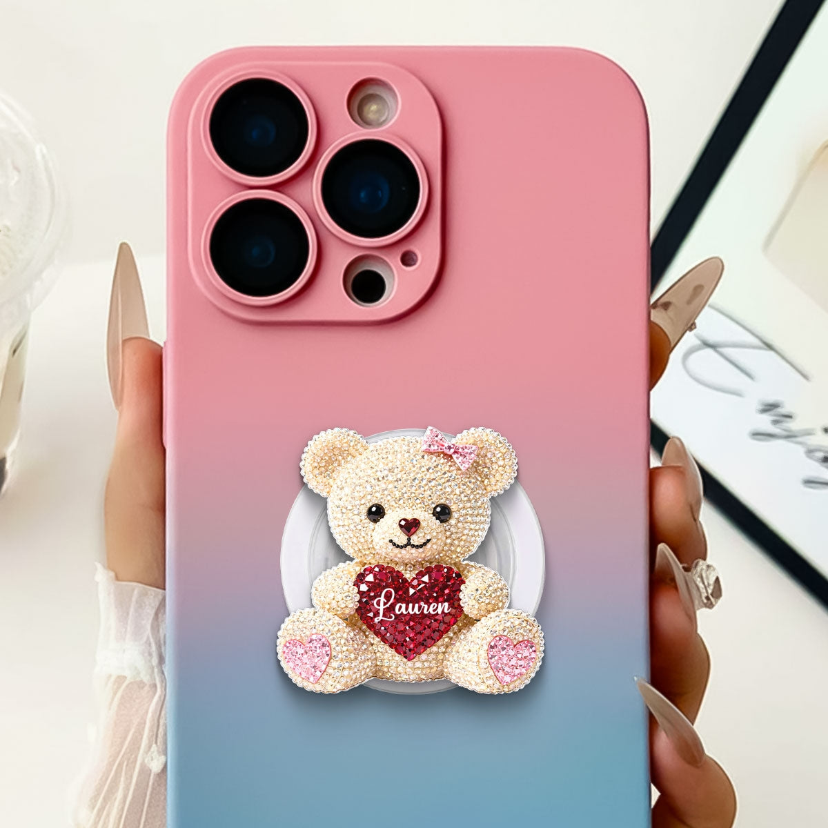3D Effect Teddy Bear Valentine - Personalized Acrylic Magnetic Phone Grip - Anniversary, Valentine's Day Gift, Gift For Her