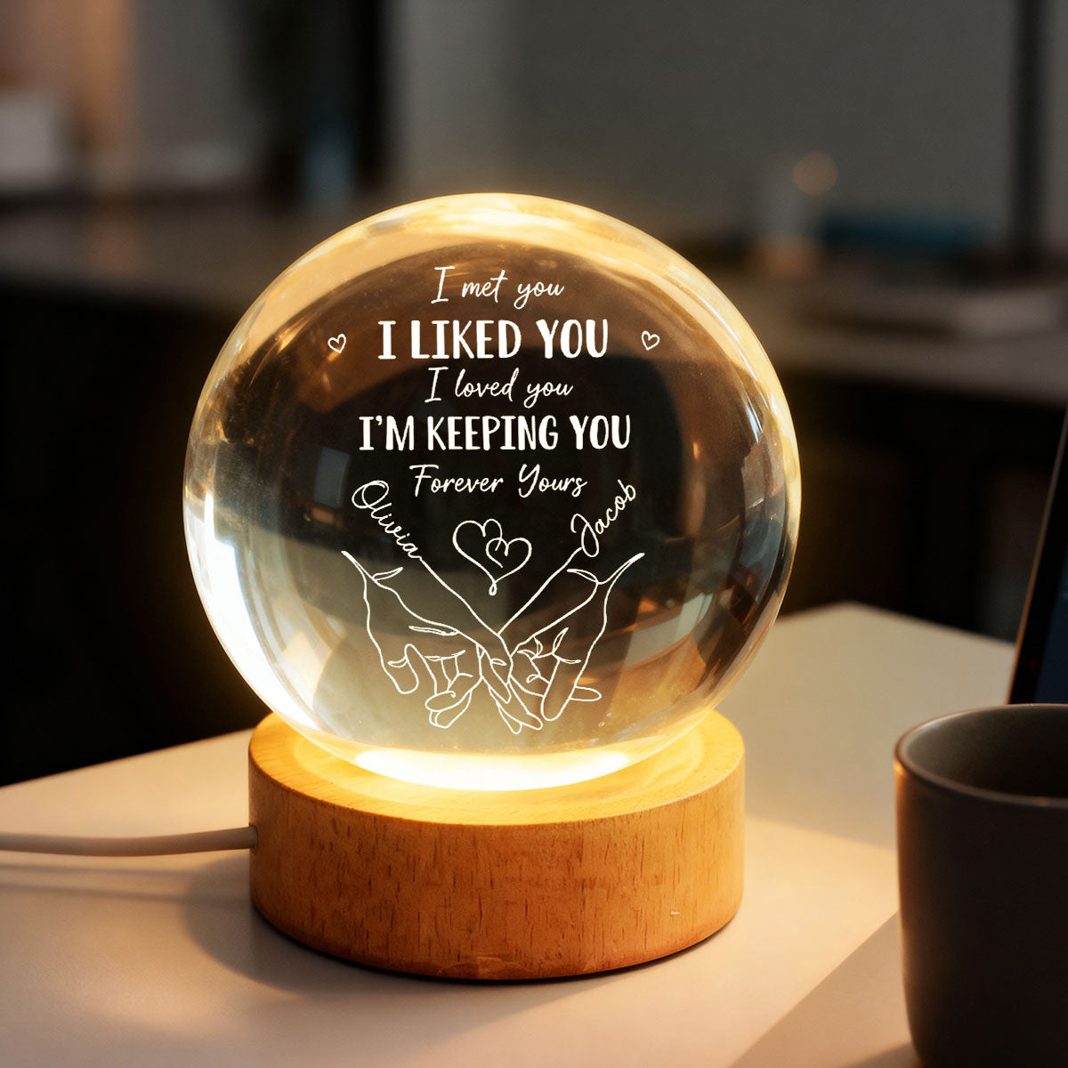 Couple Interlocked Hands I Met You I Loved You - Personalized Crystal Ball LED Night Light - Sentimental Gift for Her, for Him, Couple Keepsake