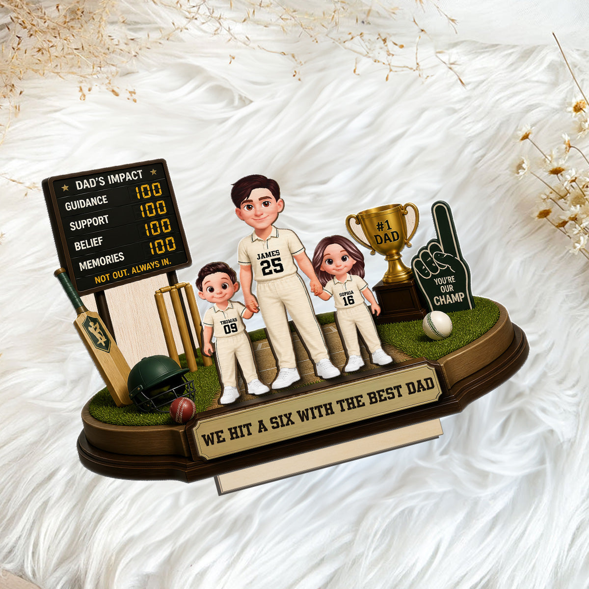 Hit A Six With The Best Dad Cricket Dad & Kids - Personalised 2-Layered Wooden Plaque -  Gift For Husband, Dad
