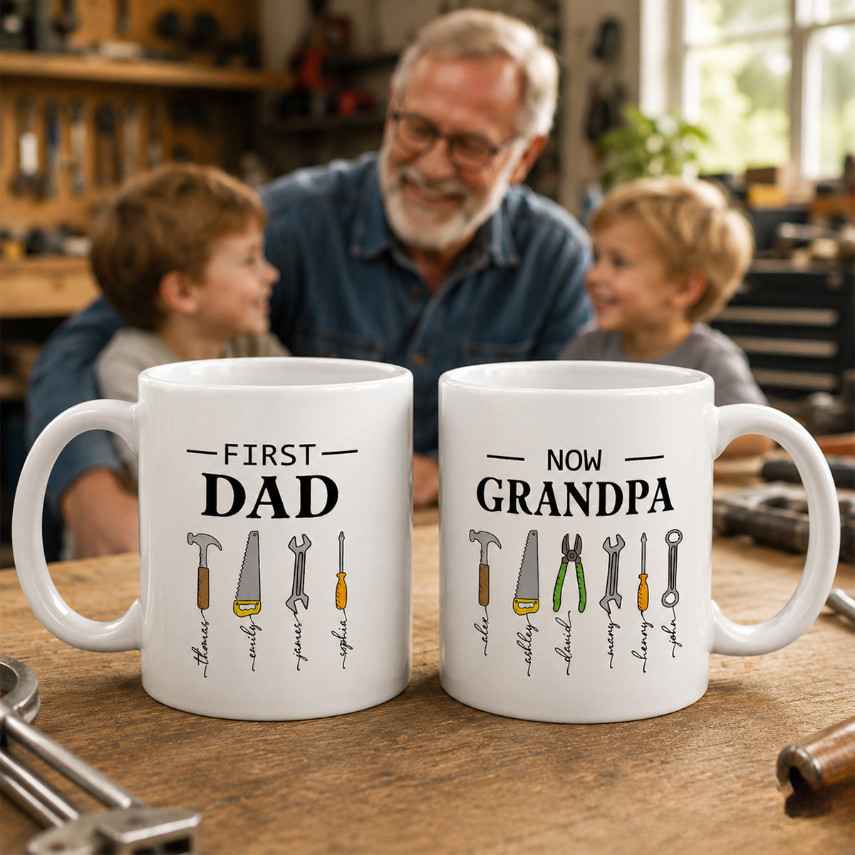 First Dad Now Grandpa Garage Tools Custom Kids Names - Personalized Mug - Father's Day Gift For Mechanic Dad, Grandpa