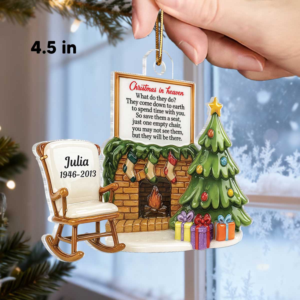 3D Effect Christmas In Heaven Chair At Fireplace - Personalized Acrylic Ornament - Christmas Memorial Keepsake For Family