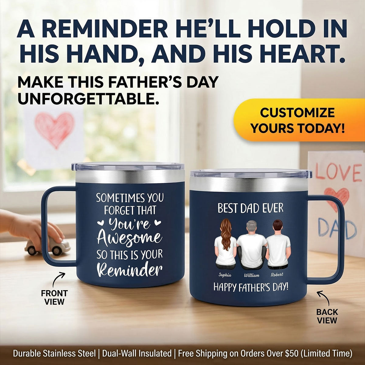 Sometimes You Forget That You're Awesome Best Dad Ever - Personalized Stainless Steel Tumbler with Handle