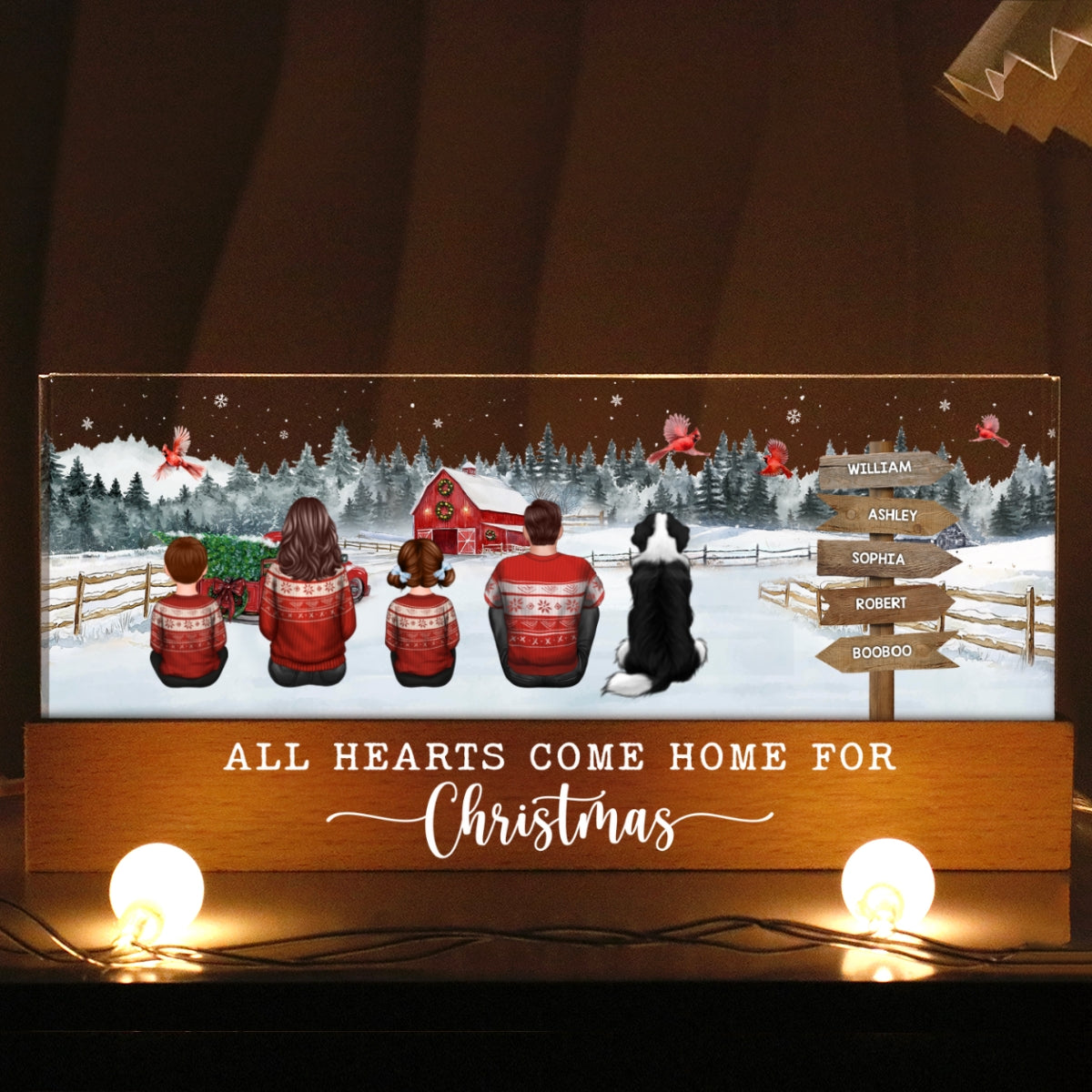 Christmas Family Sitting Truck Red Barn Personalized Acrylic Block LED Night Light