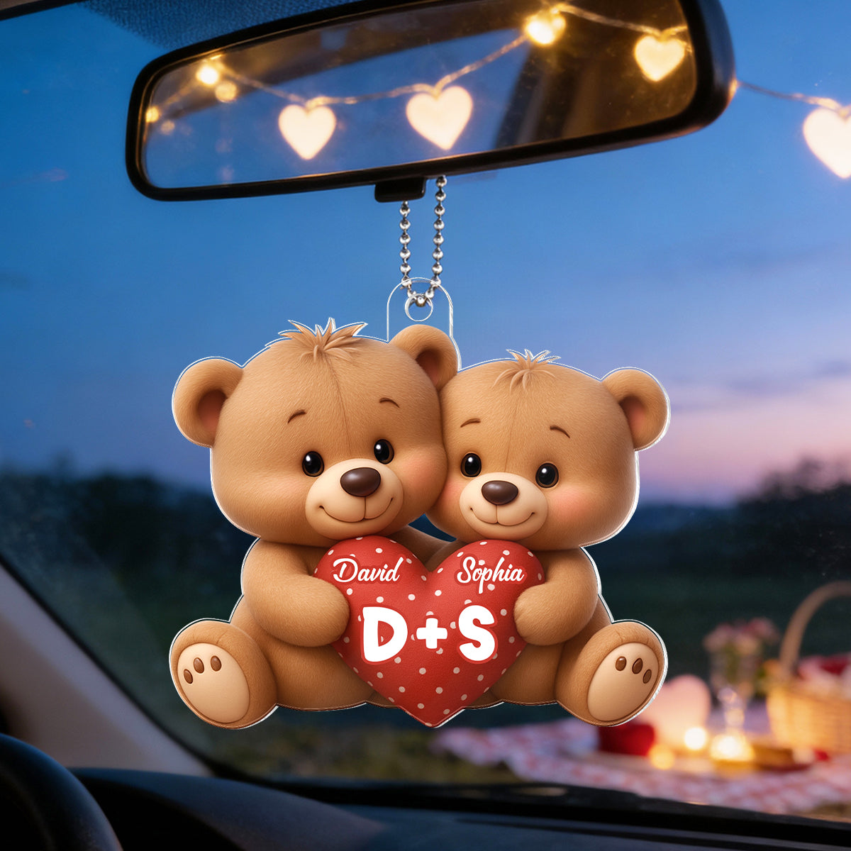 Bear Couple Holding Heart - Personalized Acrylic Car Hanger - Valentine's Day Gift for him, for her