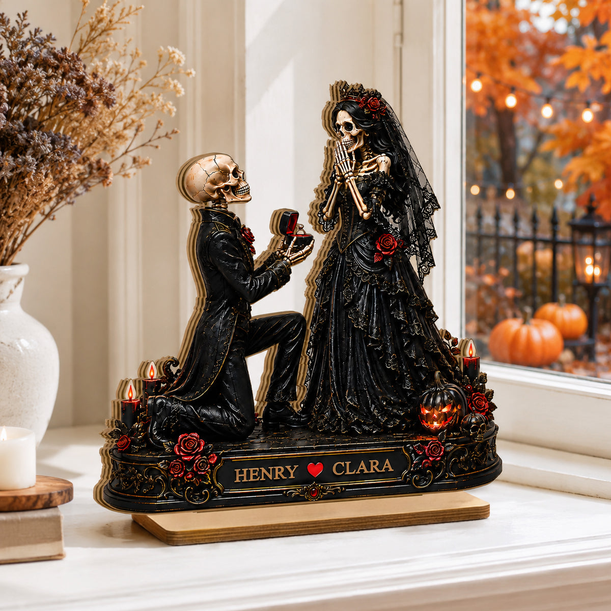 Skeleton Couple Marriage Proposal - Personalized 2-Layered Wooden Plaque - Halloween Decor Gift, Gift For Couple