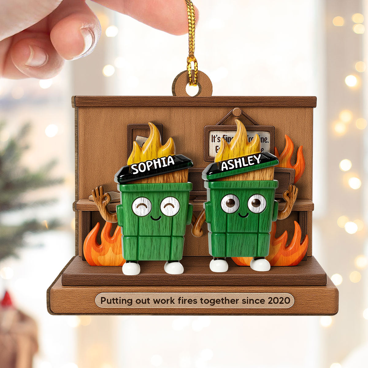 3D Effect Dumpster Fires In Office Scene - Personalized Wooden Ornament - Funny Gift For Colleagues, Work Besties