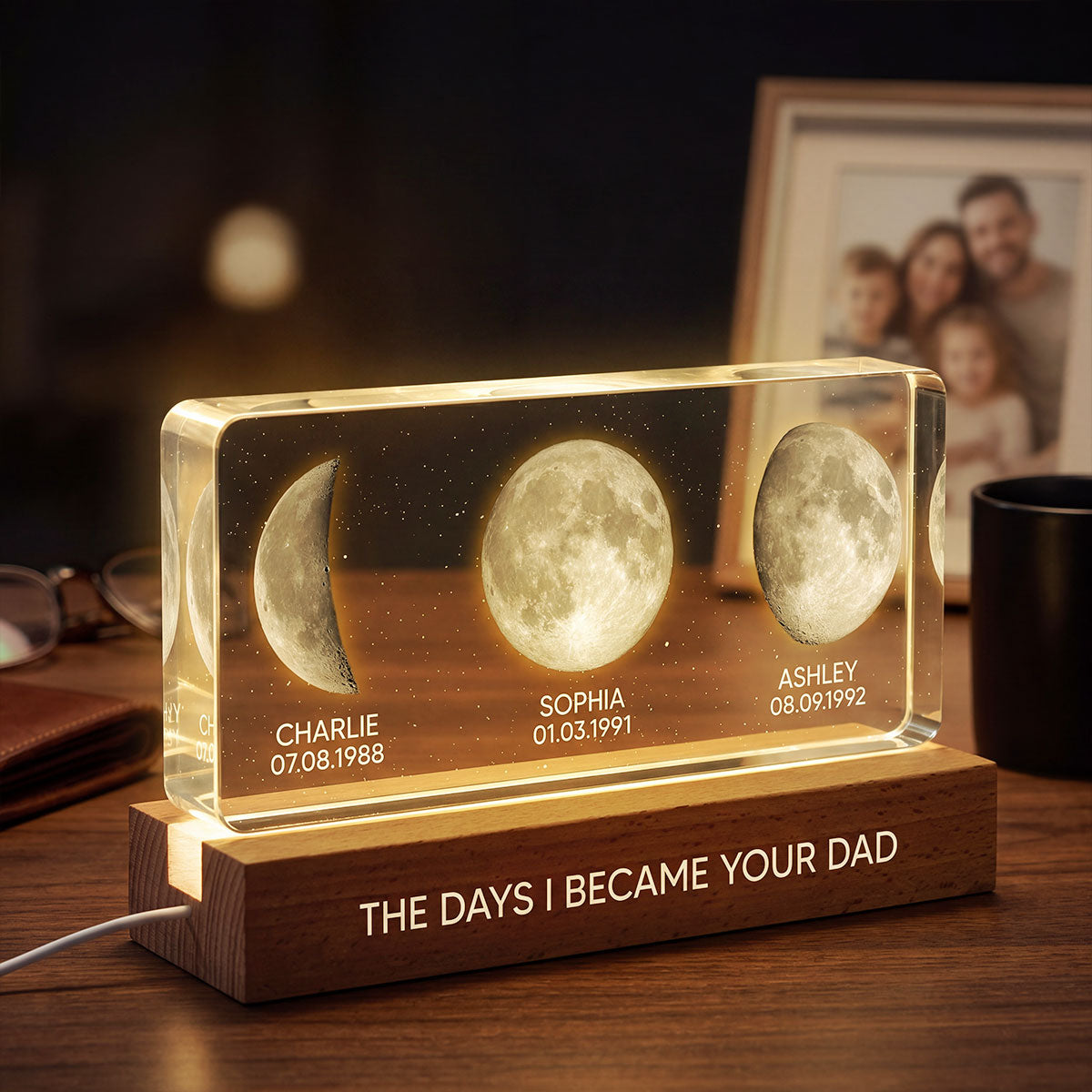 The Days You Became Our Dad Custom Children Birthdate Moon Phase - Personalized Acrylic Block LED Night Light - Heartfelt Father's Day For Dad