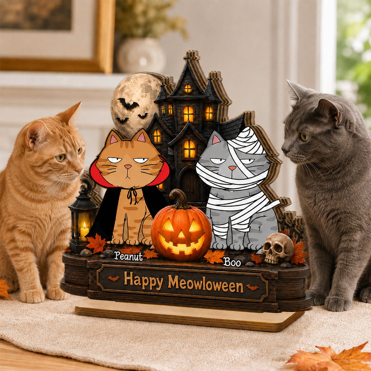 Happy Meowloween  Cats - Personalized 2-Layered Wooden Plaque - Halloween Spooky Decor for Cat Lovers