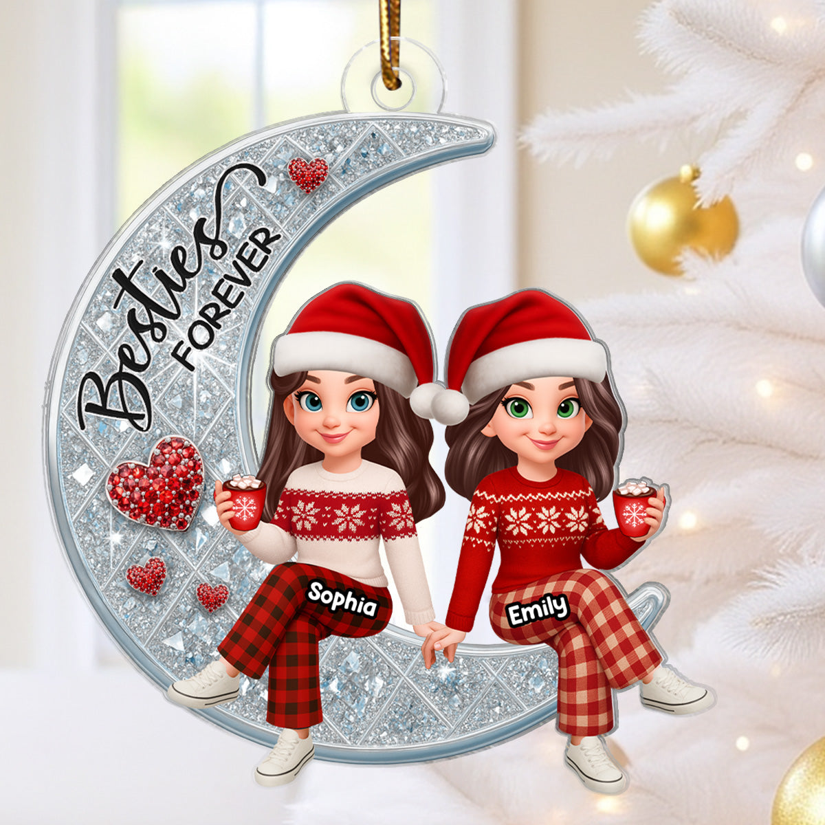 3D Shinning Effect Besties Forever On Moon - Personalized Acrylic Ornament