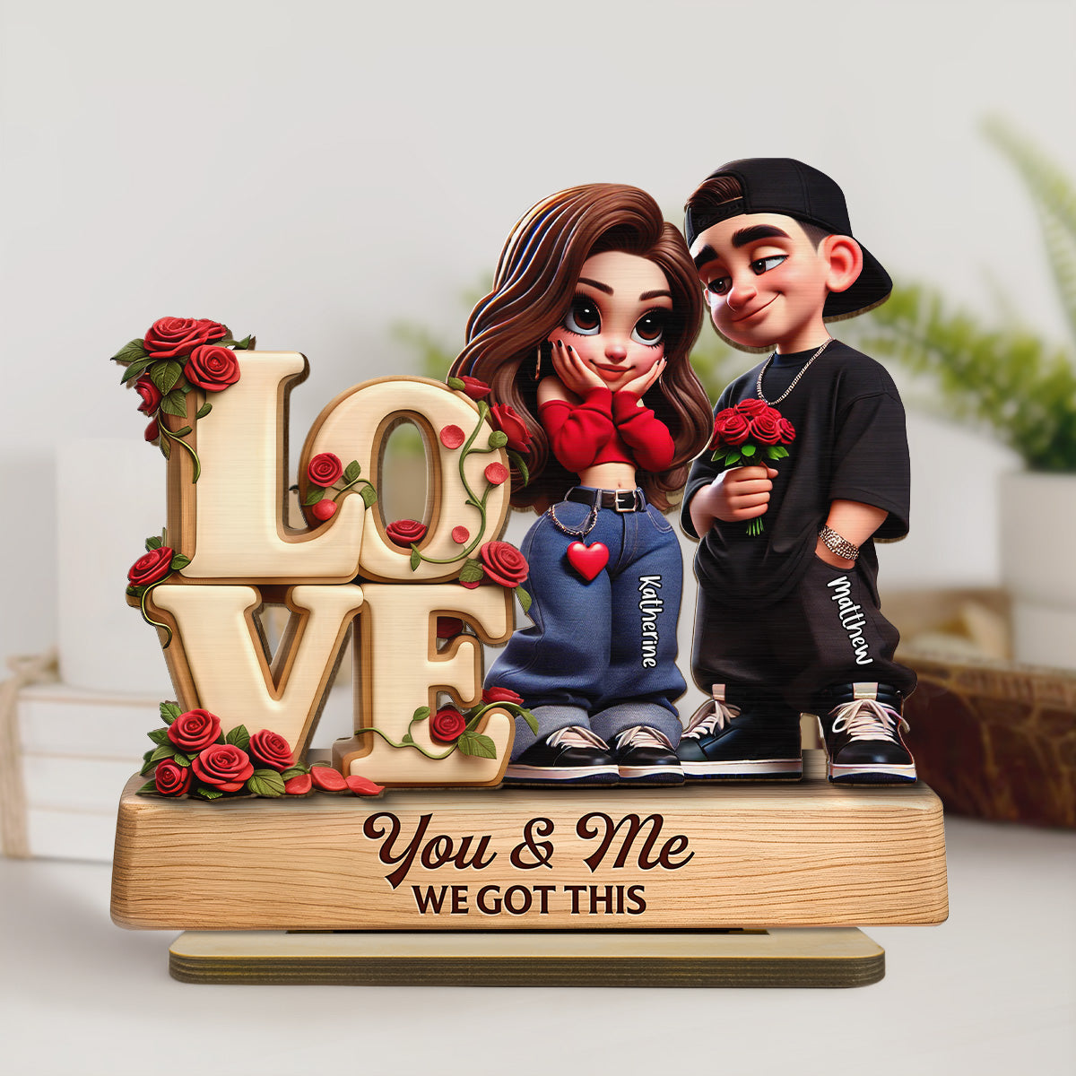 Y2K Couple Love Rose - Personalized 2-Layered Wooden Plaque - Valentine's Day Gift For Couple, For Him, For Her, Nurse, Police, Firefighter, Army