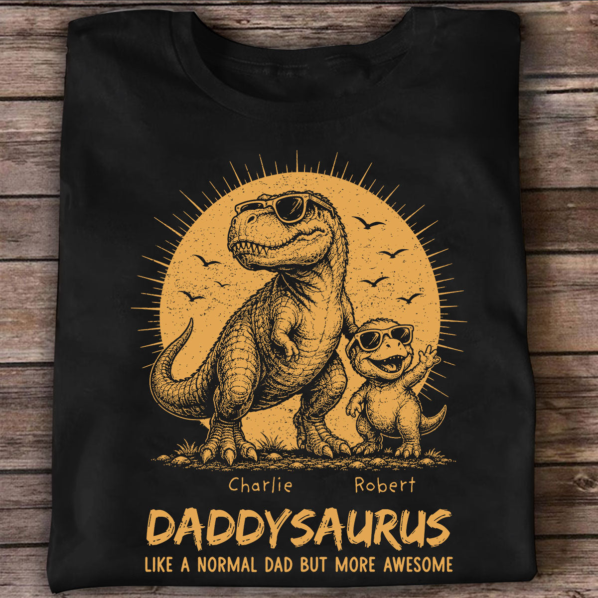 Retro Yellow Vintage Daddysaurus - Personalized Shirt - Funny Father's Day Gift For Dad, Husband
