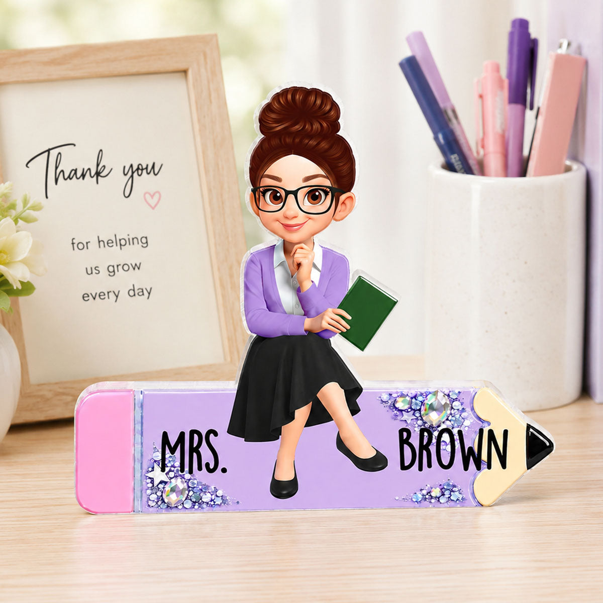 Teacher Sitting On Beautiful Pencil - Personalized Acrylic Block Plaque - Back To School Gift For Teacher, Classroom Decor