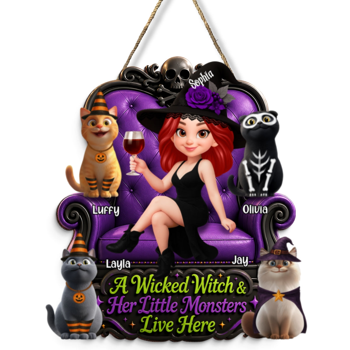 A Wicked Witch and Her Little Monsters Live Here - Personalized Wooden Door Sign - Halloween Decor for Cat Moms