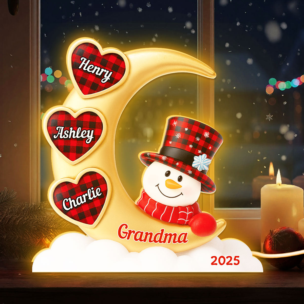 Snowman Grandma And Grandkids On Moon - Personalized Light box - Perfect Christmas Gift for Grandma