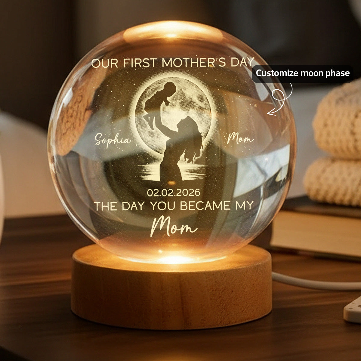 Custom Moon Phase First Mother's Day The Day You Became My Mom - Personalized Crystal Ball LED Night Light - First Mother's Day Gift For New Mom