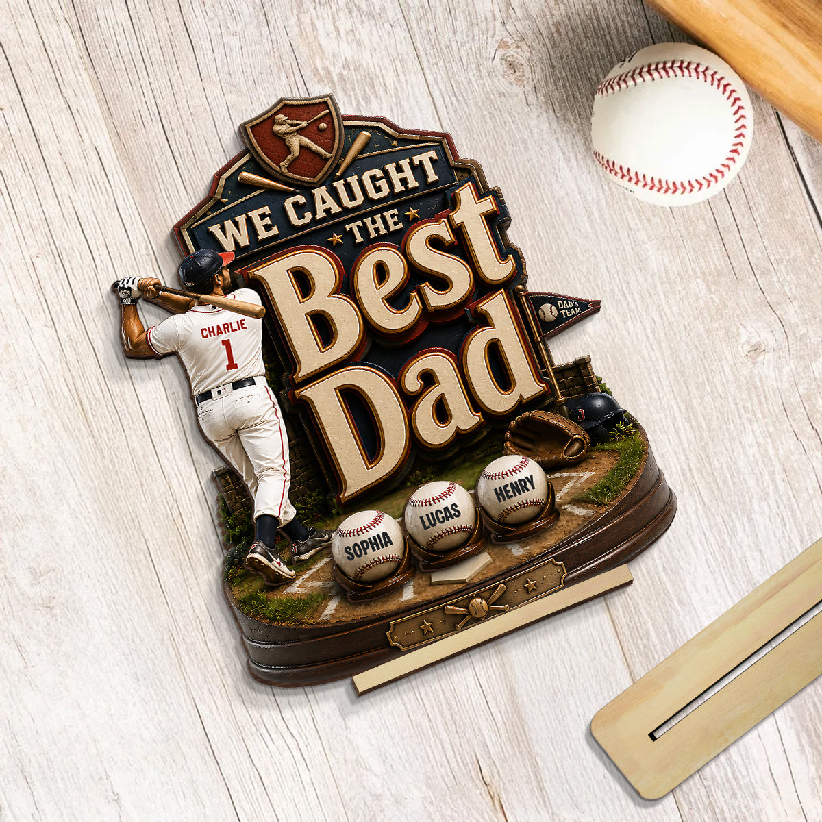 Baseball Dad & Kids We Caught The Best Dad - Personalized 2-Layered Wooden Plaque -  Gift For Baseball Dad, Husband