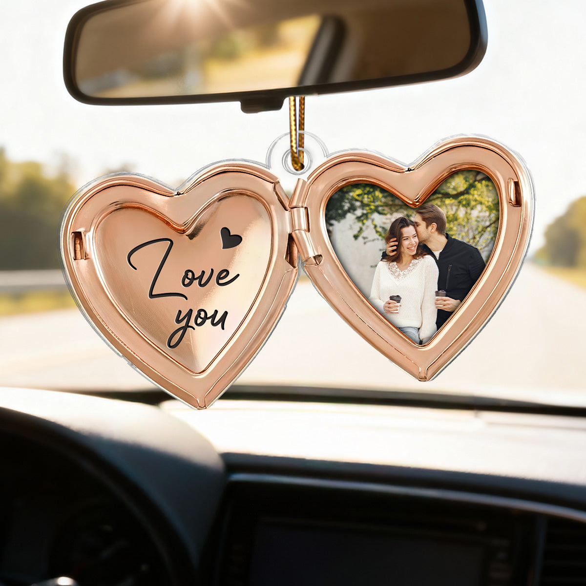 Couple Custom Photo Heart Locket Illustration 2D Flat - Personalized Acrylic Car Hanger Ornament - Gift For Her, Gift For Him