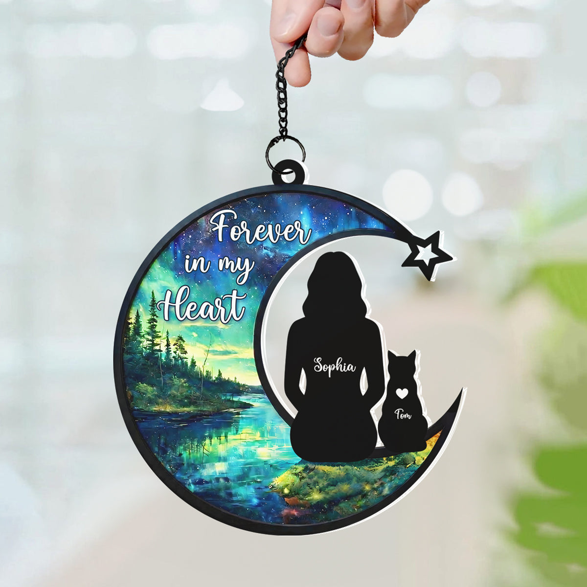 Cat Memorial Forever In My Heart - Personalized Stained Glass Suncatcher Ornament - Gift For Cat Lovers, Cat Mom