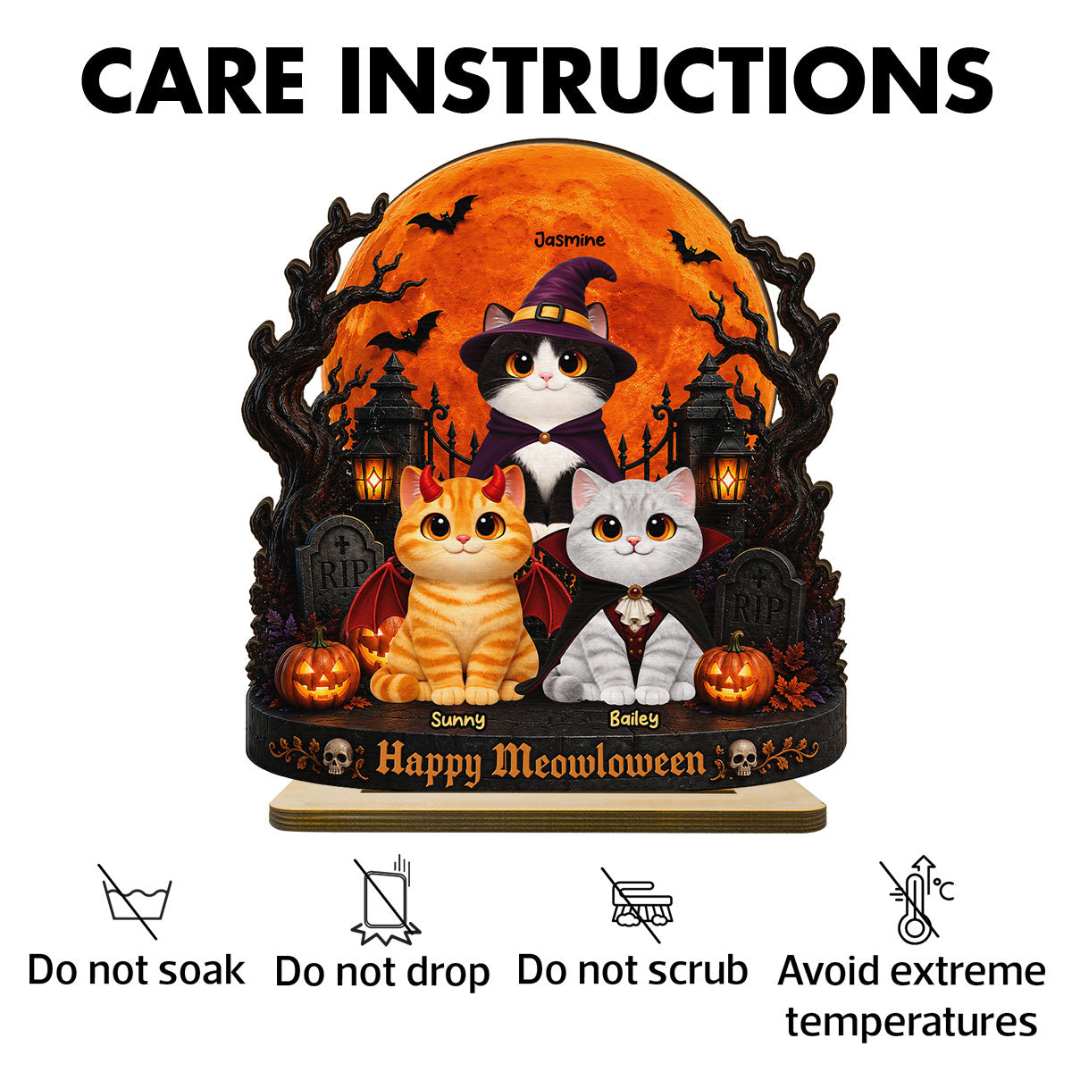 Spooky Halloween Cats Under Moonlight - Personalized 2-Layered Wooden Plaque - Halloween Decor For Cat Lovers