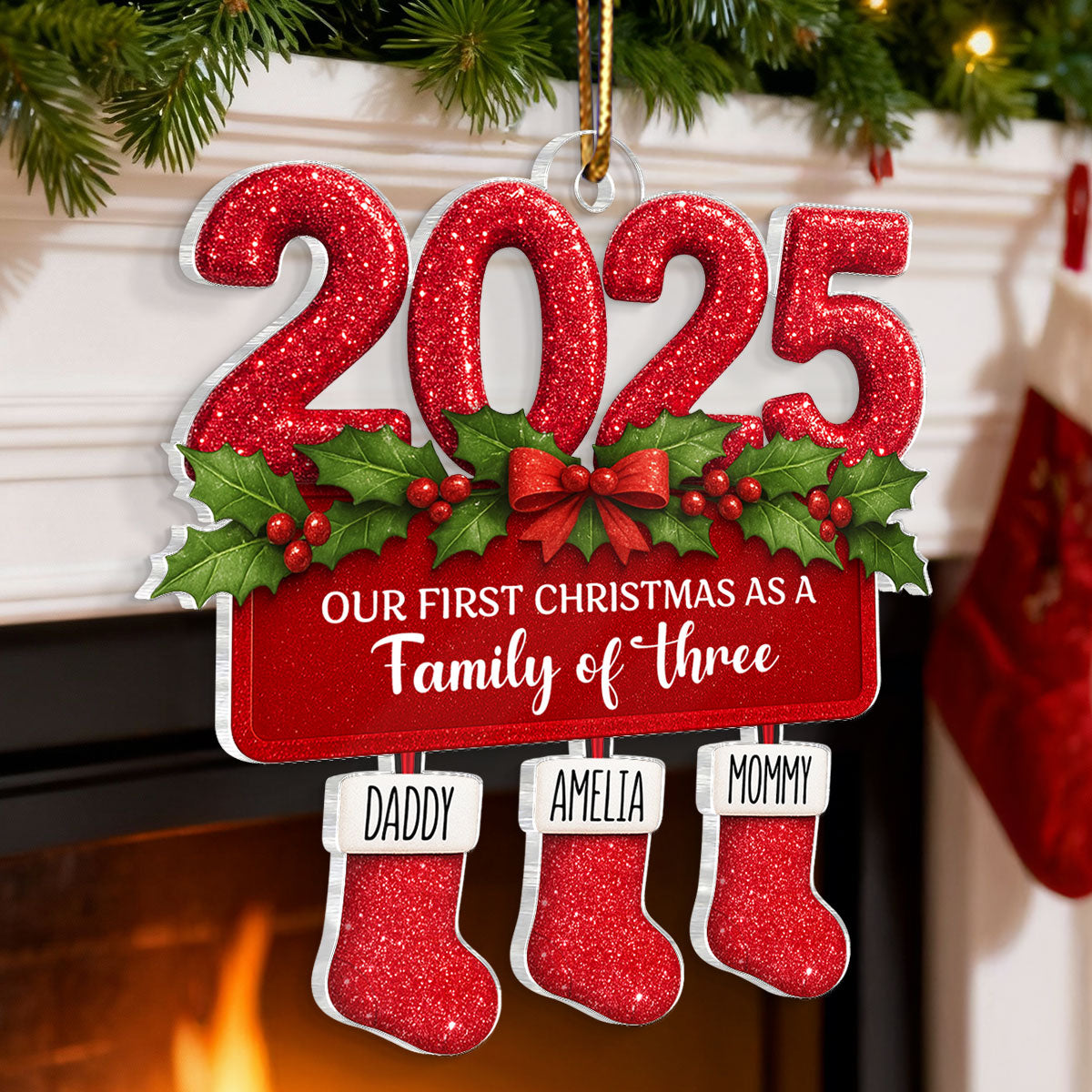 First Christmas as a Family of Three, Four, Christmas Stocking - Personalized Acrylic Ornament - Christmas Gift for Family